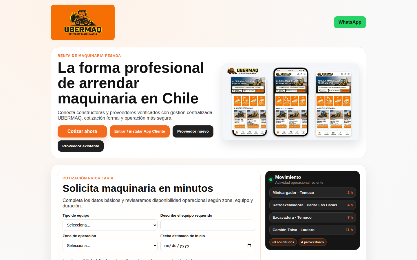 Interfaz de UberMaq: cotización y arriendo de maquinaria
