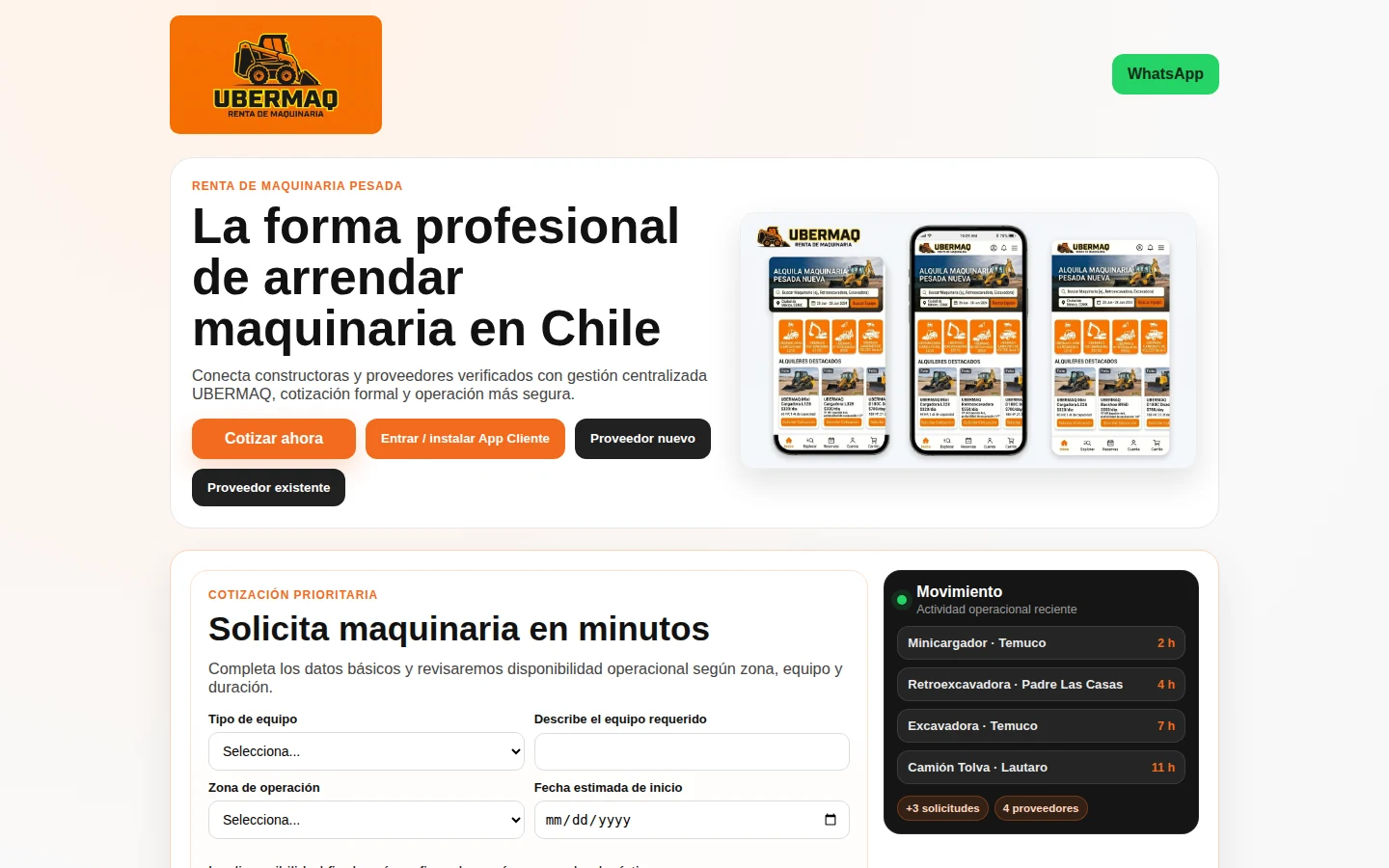 Interfaz de UberMaq: cotización y arriendo de maquinaria